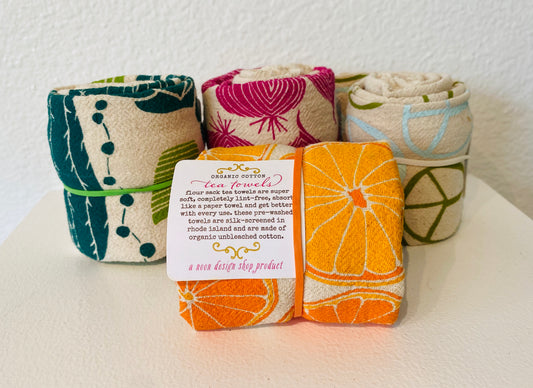 Flour sack tea towels are super soft and lint-free absorbing like a paper towel but reusable. These pre-washed towels are silk screened and made with organic unbleached cotton.
